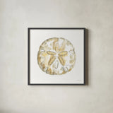 Golden Treasures VII on White by Beth Grove. Shown in a sleek black glass frame for a contemporary gallery look. Available as an archival giclee rolled canvas, fine art paper, or poster print. SKU 24035a.