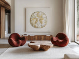 Golden Treasures VII on White by Beth Grove. Shown as extra-large giant wall art in a modern living room. Available as an archival giclee rolled canvas, fine art paper, or poster print. SKU 24035a.