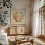 Golden Treasures VIII by Beth Grove. Shown in a natural wood frame in a cozy modern living room. Available as an archival giclee rolled canvas, fine art paper, or poster print. SKU 23525a.