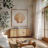 Golden Treasures VIII on White by Beth Grove. Shown in a natural wood frame in a cozy modern living room. Available as an archival giclee rolled canvas, fine art paper, or poster print. SKU 24036a.