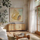 GoldenTreasures Inspiration II by Beth Grove. Shown in a natural wood frame in a cozy modern living room. Available as an archival giclee rolled canvas, fine art paper, or poster print. SKU 23527a.