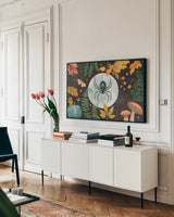 Halloween Classics I by Beth Grove. shown as a framed stretched canvas in a living room above a console. Available as a archival giclee rolled canvas, fine art paper, or poster print. SKU 85926i.
