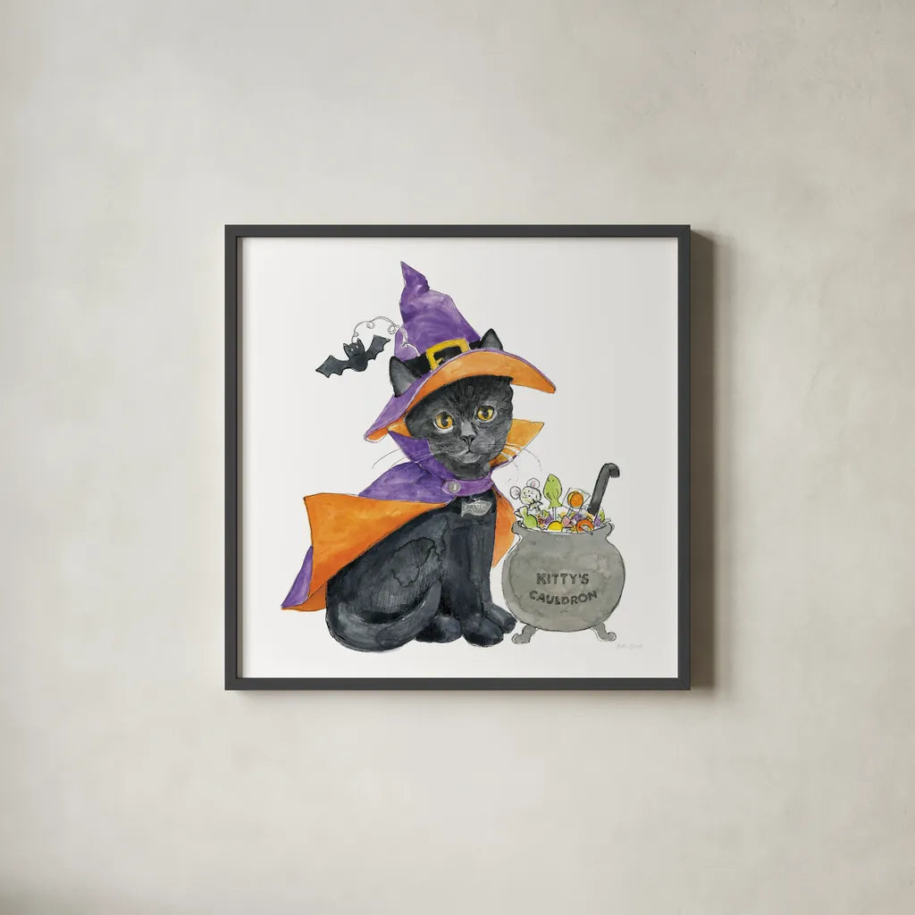 Halloween Pets I by Beth Grove. Shown in a sleek black glass frame for a contemporary gallery look. Available as an archival giclee rolled canvas, fine art paper, or poster print. SKU 41590a.