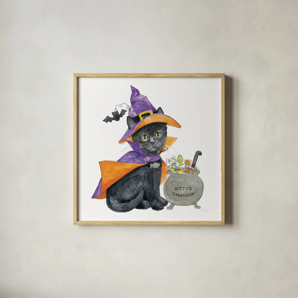 Halloween Pets I by Beth Grove. Shown in a natural wood glass frame for a timeless modern aesthetic. Available as an archival giclee rolled canvas, fine art paper, or poster print. SKU 41590a.
