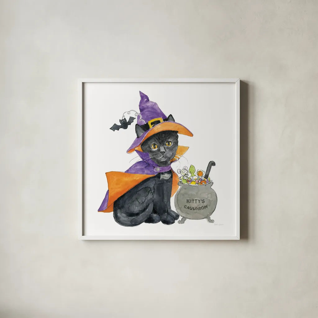 Halloween Pets I by Beth Grove. Shown in a crisp white glass frame for a clean and minimalist style. Available as an archival giclee rolled canvas, fine art paper, or poster print. SKU 41590a.
