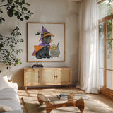 Halloween Pets I by Beth Grove. Shown in a natural wood frame in a cozy modern living room. Available as an archival giclee rolled canvas, fine art paper, or poster print. SKU 41590a.