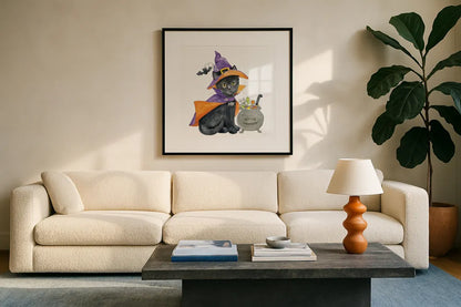 Halloween Pets I by Beth Grove. Displayed in a glass frame with matte in a clean modern living room. Available as an archival giclee rolled canvas, fine art paper, or poster print. SKU 41590a.