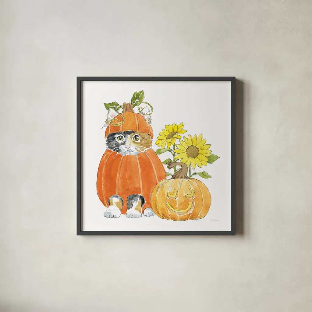 Halloween Pets II by Beth Grove. Shown in a sleek black glass frame for a contemporary gallery look. Available as an archival giclee rolled canvas, fine art paper, or poster print. SKU 41591a.
