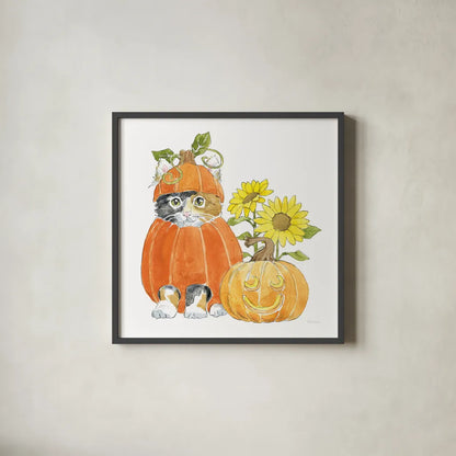 Halloween Pets II by Beth Grove. Shown in a sleek black glass frame for a contemporary gallery look. Available as an archival giclee rolled canvas, fine art paper, or poster print. SKU 41591a.
