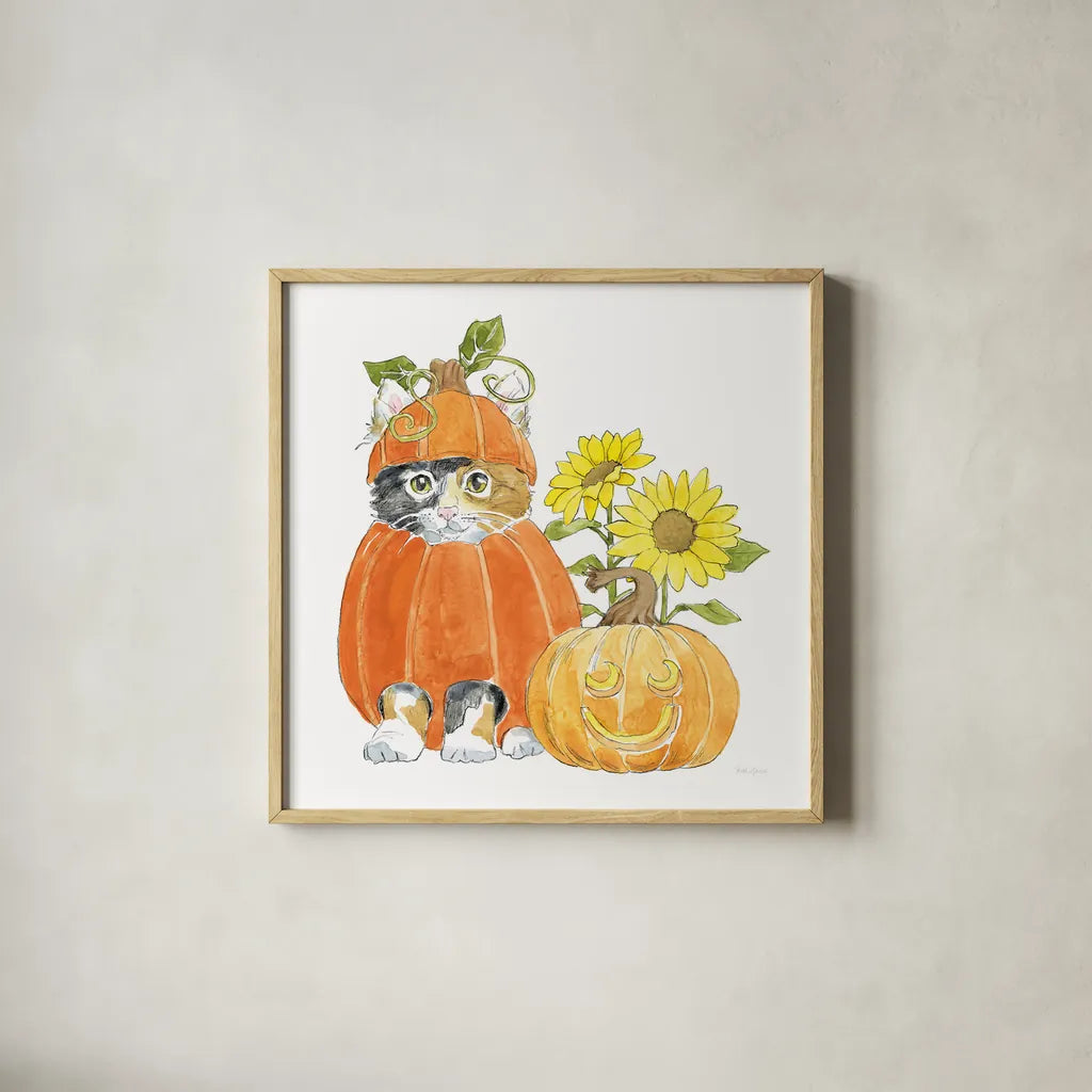 Halloween Pets II by Beth Grove. Shown in a natural wood glass frame for a timeless modern aesthetic. Available as an archival giclee rolled canvas, fine art paper, or poster print. SKU 41591a.
