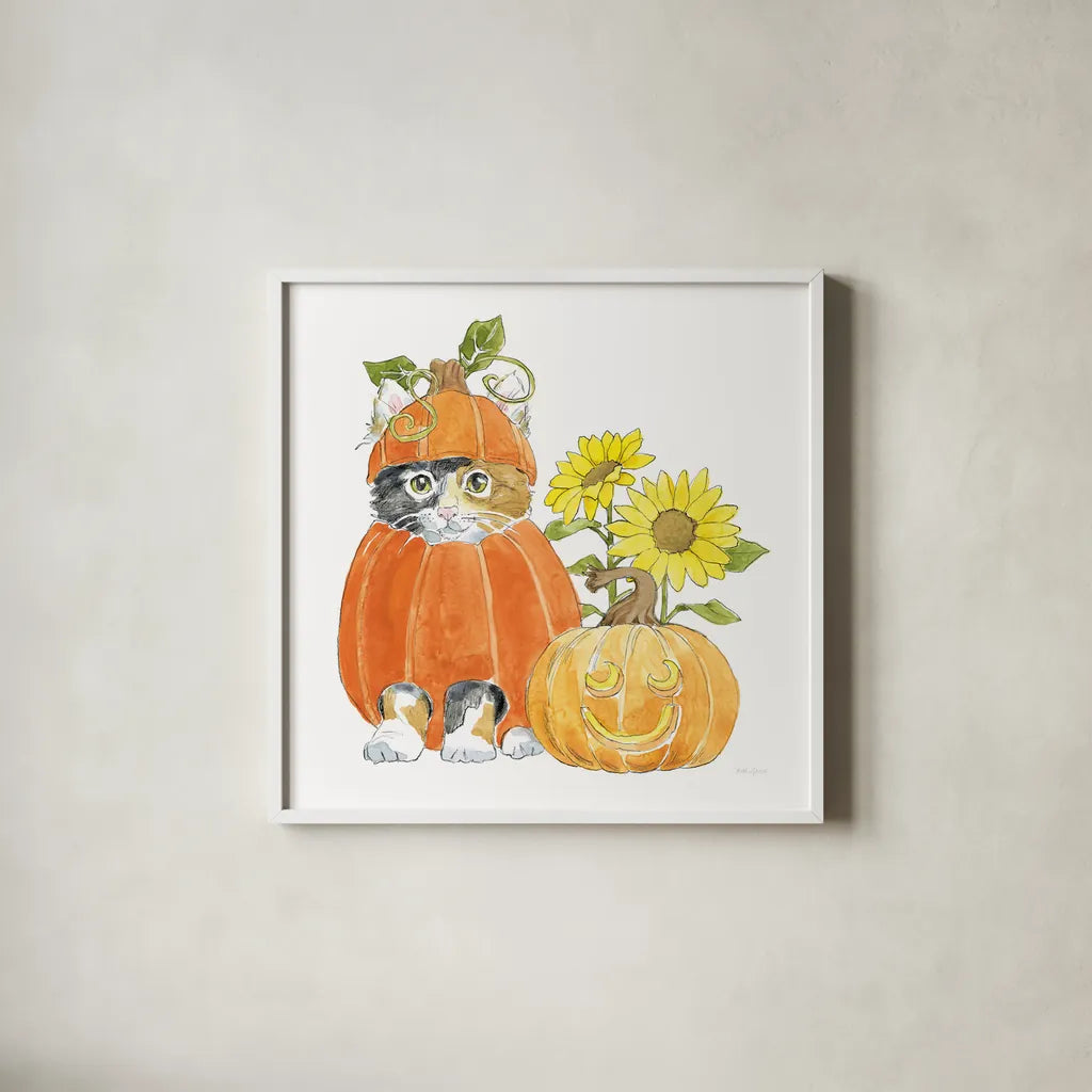 Halloween Pets II by Beth Grove. Shown in a crisp white glass frame for a clean and minimalist style. Available as an archival giclee rolled canvas, fine art paper, or poster print. SKU 41591a.