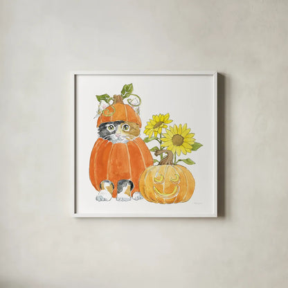 Halloween Pets II by Beth Grove. Shown in a crisp white glass frame for a clean and minimalist style. Available as an archival giclee rolled canvas, fine art paper, or poster print. SKU 41591a.