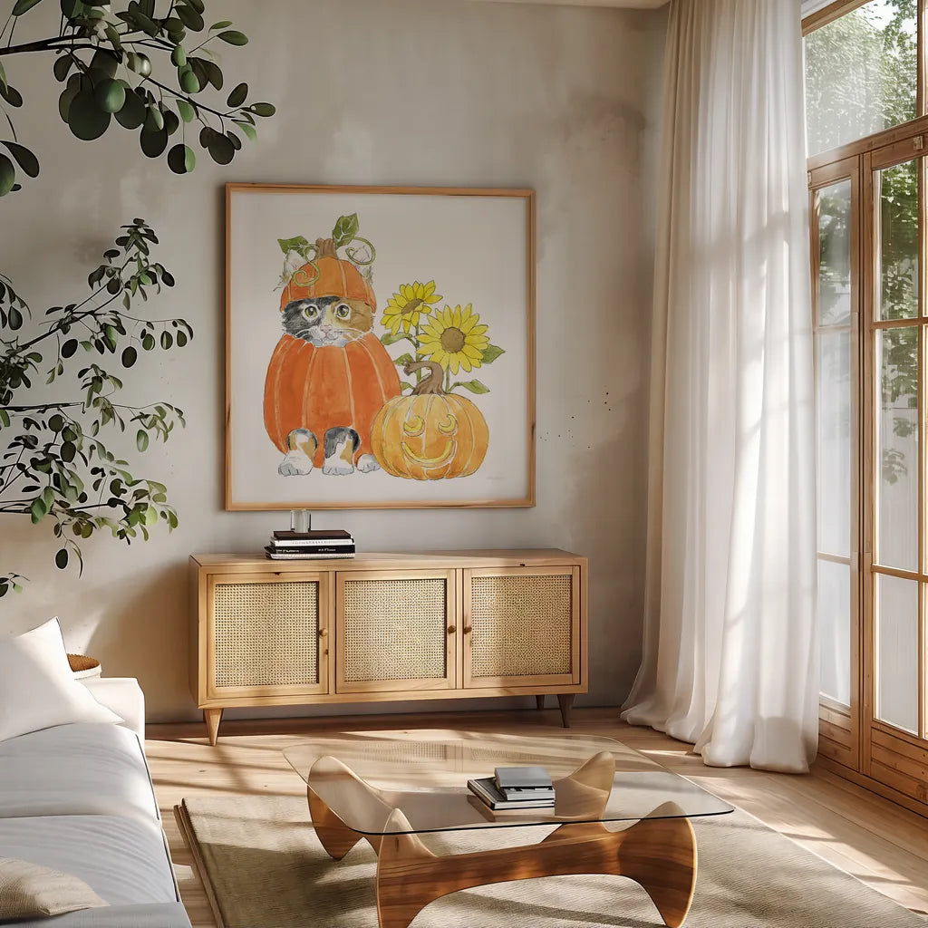 Halloween Pets II by Beth Grove. Shown in a natural wood frame in a cozy modern living room. Available as an archival giclee rolled canvas, fine art paper, or poster print. SKU 41591a.