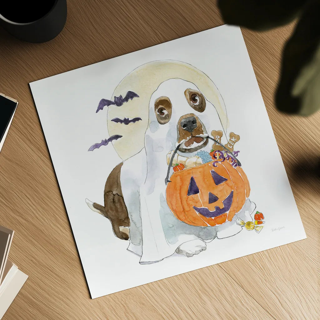Halloween Pets III by Beth Grove. Shown as a detailed flat fine art print, highlighting archival giclee quality. Available as an archival giclee rolled canvas, fine art paper, or poster print. SKU 41592a.