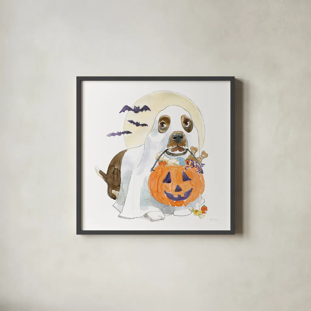 Halloween Pets III by Beth Grove. Shown in a sleek black glass frame for a contemporary gallery look. Available as an archival giclee rolled canvas, fine art paper, or poster print. SKU 41592a.