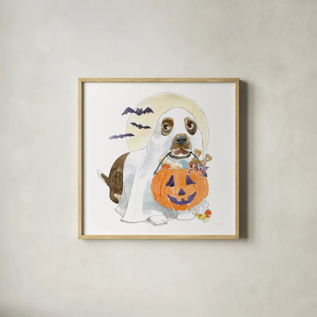 Halloween Pets III by Beth Grove. Shown in a natural wood glass frame for a timeless modern aesthetic. Available as an archival giclee rolled canvas, fine art paper, or poster print. SKU 41592a.