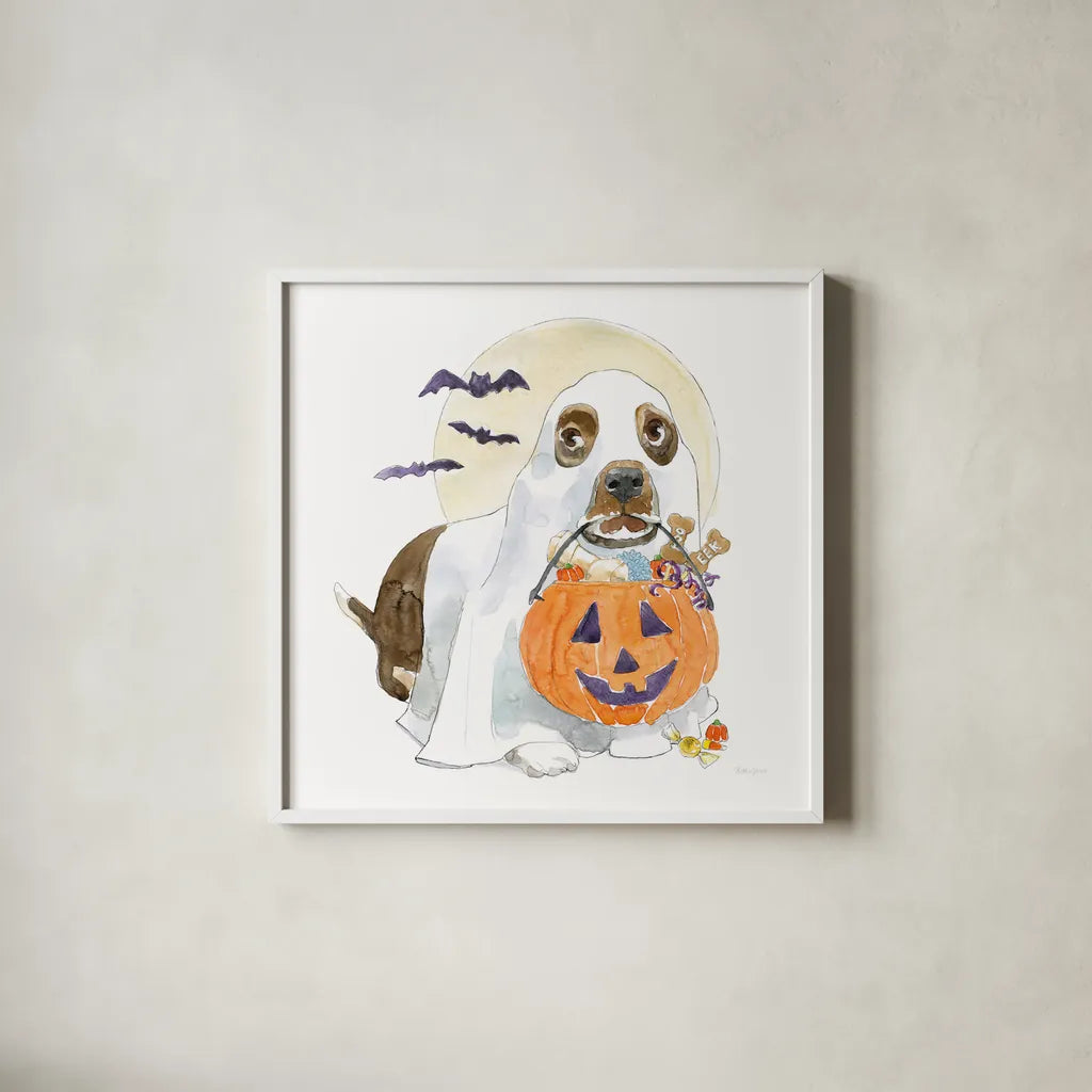 Halloween Pets III by Beth Grove. Shown in a crisp white glass frame for a clean and minimalist style. Available as an archival giclee rolled canvas, fine art paper, or poster print. SKU 41592a.