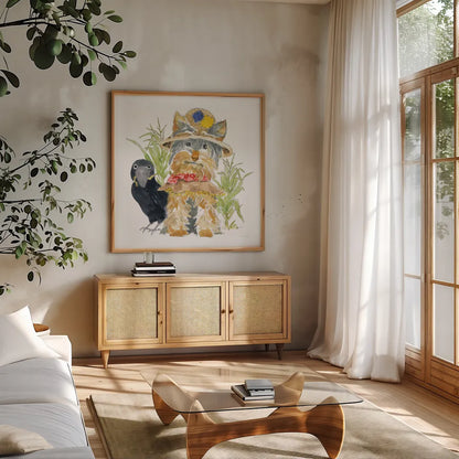 Halloween Pets IV by Beth Grove. Shown in a natural wood frame in a cozy modern living room. Available as an archival giclee rolled canvas, fine art paper, or poster print. SKU 41593a.