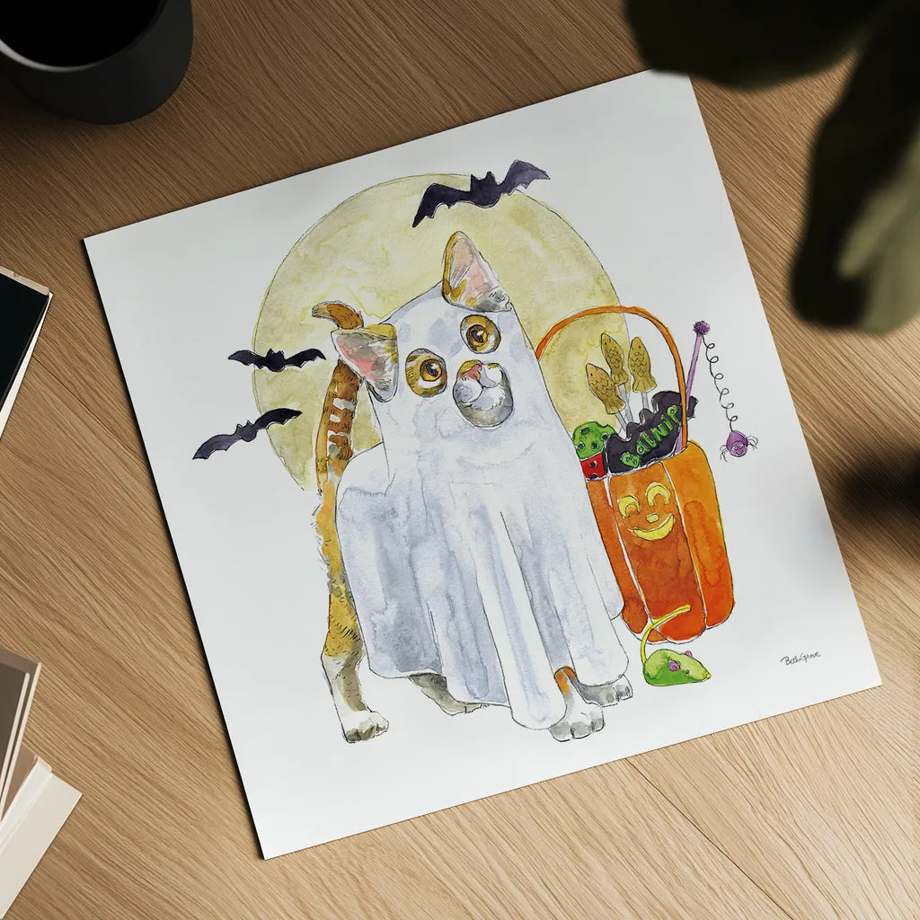 Halloween Pets V by Beth Grove. Shown as a detailed flat fine art print, highlighting archival giclee quality. Available as an archival giclee rolled canvas, fine art paper, or poster print. SKU 43757a.
