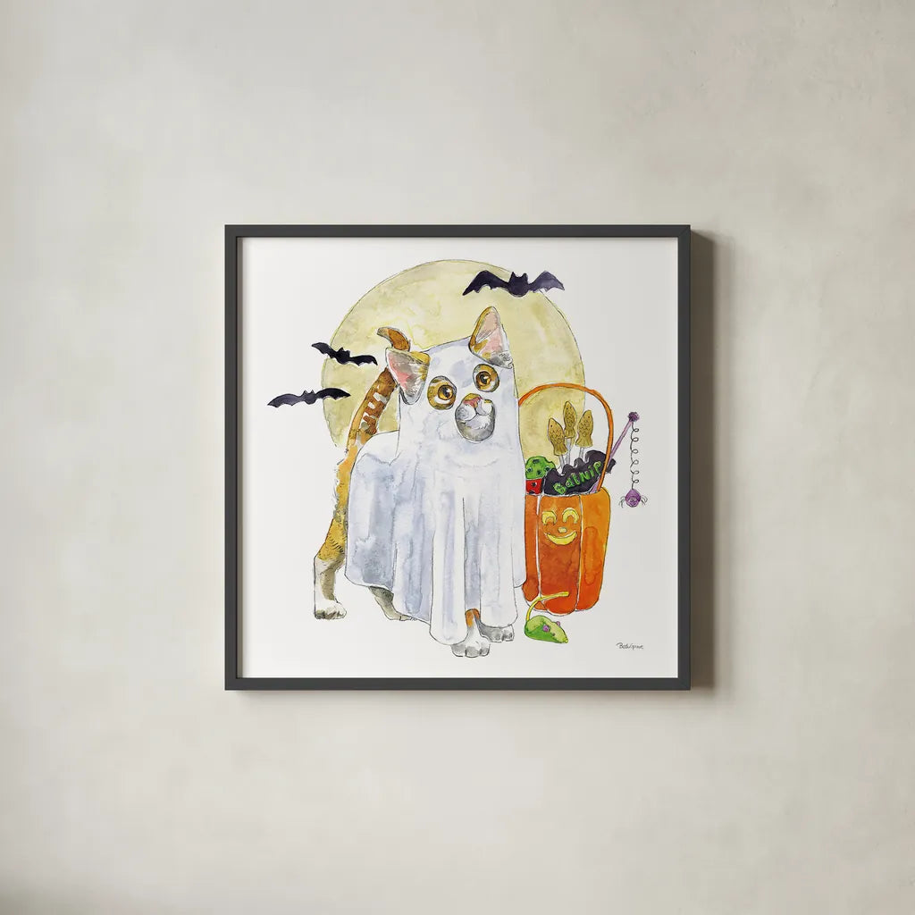 Halloween Pets V by Beth Grove. Shown in a sleek black glass frame for a contemporary gallery look. Available as an archival giclee rolled canvas, fine art paper, or poster print. SKU 43757a.
