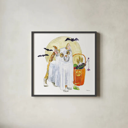Halloween Pets V by Beth Grove. Shown in a sleek black glass frame for a contemporary gallery look. Available as an archival giclee rolled canvas, fine art paper, or poster print. SKU 43757a.