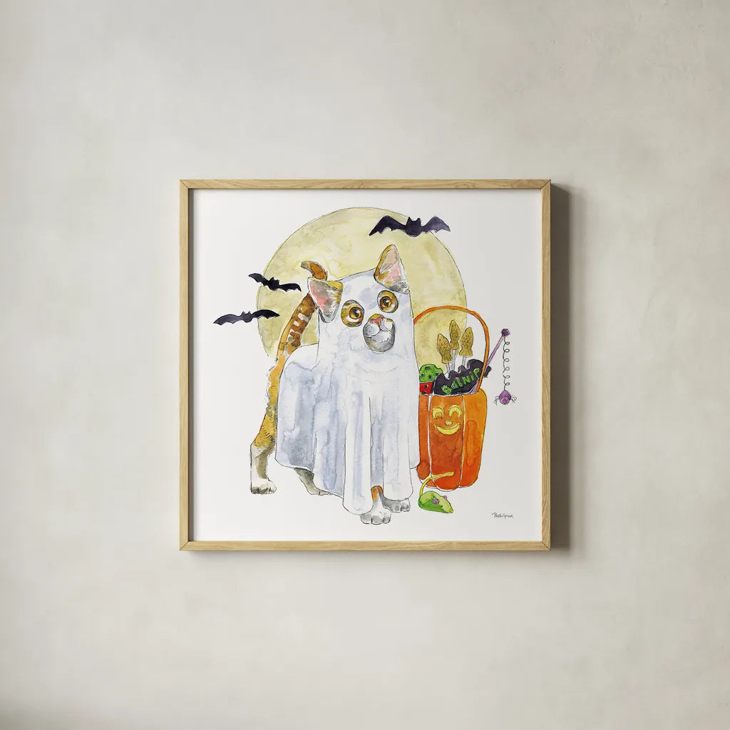 Halloween Pets V by Beth Grove. Shown in a natural wood glass frame for a timeless modern aesthetic. Available as an archival giclee rolled canvas, fine art paper, or poster print. SKU 43757a.