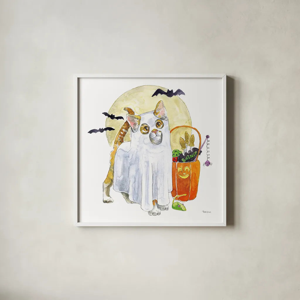 Halloween Pets V by Beth Grove. Shown in a crisp white glass frame for a clean and minimalist style. Available as an archival giclee rolled canvas, fine art paper, or poster print. SKU 43757a.