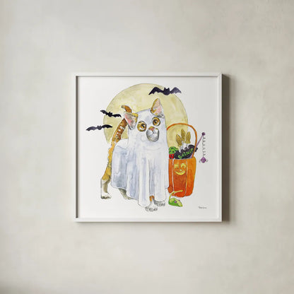 Halloween Pets V by Beth Grove. Shown in a crisp white glass frame for a clean and minimalist style. Available as an archival giclee rolled canvas, fine art paper, or poster print. SKU 43757a.