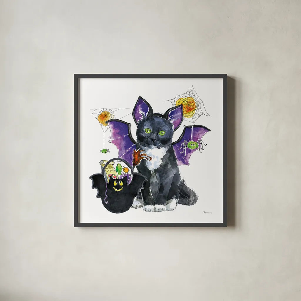 Halloween Pets VI by Beth Grove. Shown in a sleek black glass frame for a contemporary gallery look. Available as an archival giclee rolled canvas, fine art paper, or poster print. SKU 43758a.