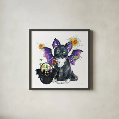 Halloween Pets VI by Beth Grove. Shown in a sleek black glass frame for a contemporary gallery look. Available as an archival giclee rolled canvas, fine art paper, or poster print. SKU 43758a.