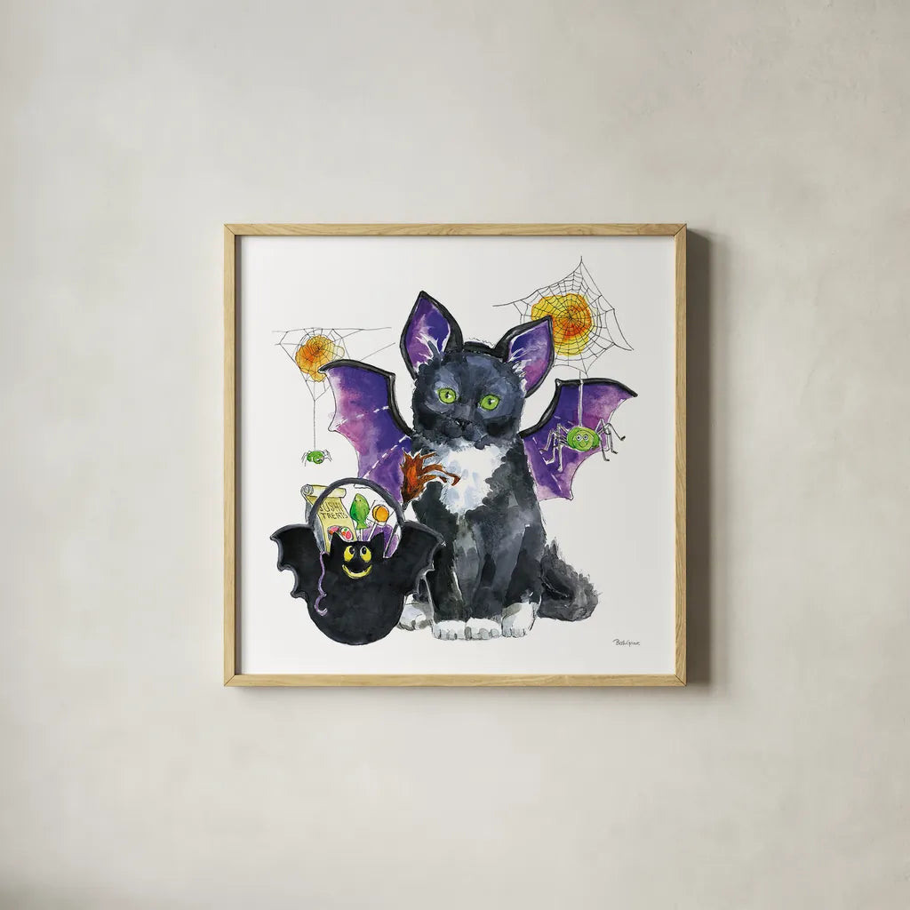 Halloween Pets VI by Beth Grove. Shown in a natural wood glass frame for a timeless modern aesthetic. Available as an archival giclee rolled canvas, fine art paper, or poster print. SKU 43758a.