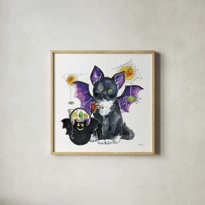 Halloween Pets VI by Beth Grove. Shown in a natural wood glass frame for a timeless modern aesthetic. Available as an archival giclee rolled canvas, fine art paper, or poster print. SKU 43758a.