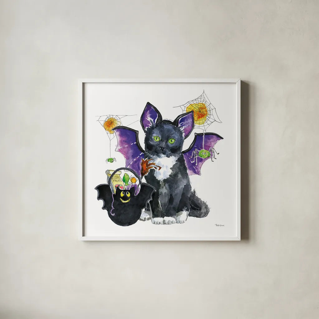 Halloween Pets VI by Beth Grove. Shown in a crisp white glass frame for a clean and minimalist style. Available as an archival giclee rolled canvas, fine art paper, or poster print. SKU 43758a.