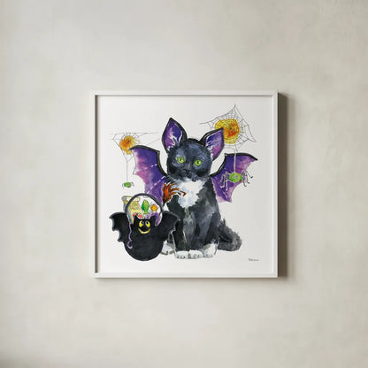 Halloween Pets VI by Beth Grove. Shown in a crisp white glass frame for a clean and minimalist style. Available as an archival giclee rolled canvas, fine art paper, or poster print. SKU 43758a.