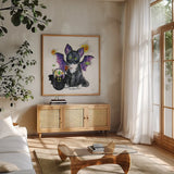 Halloween Pets VI by Beth Grove. Shown in a natural wood frame in a cozy modern living room. Available as an archival giclee rolled canvas, fine art paper, or poster print. SKU 43758a.
