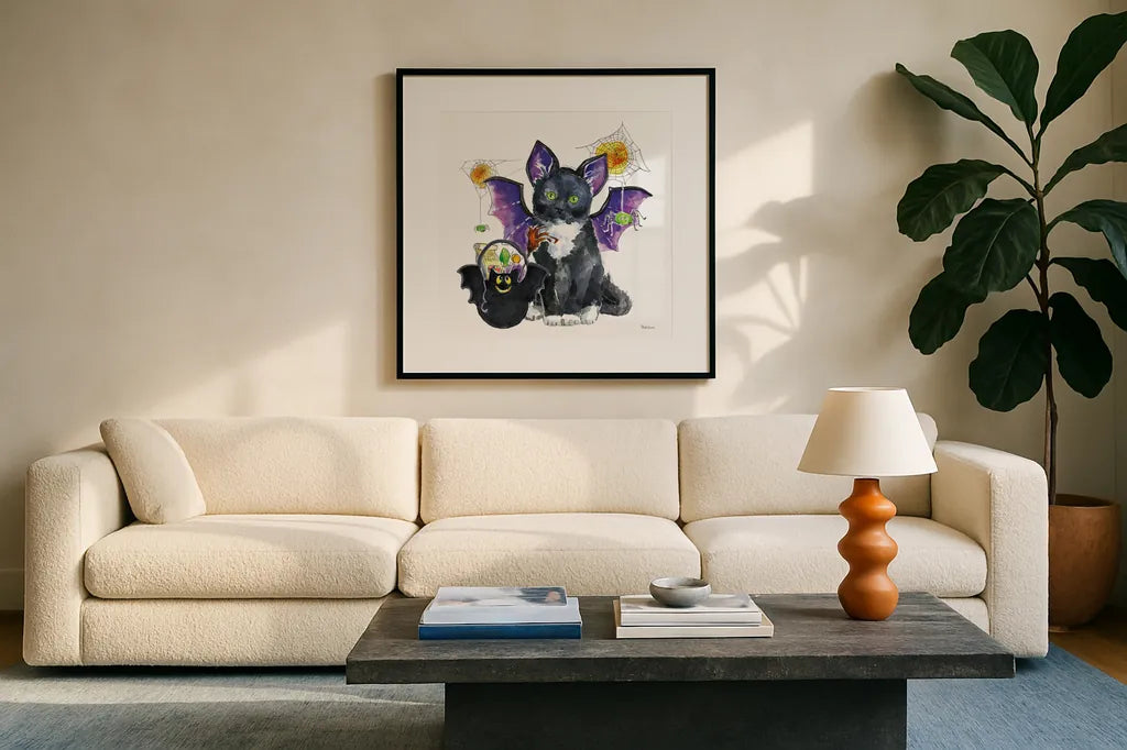 Halloween Pets VI by Beth Grove. Displayed in a glass frame with matte in a clean modern living room. Available as an archival giclee rolled canvas, fine art paper, or poster print. SKU 43758a.