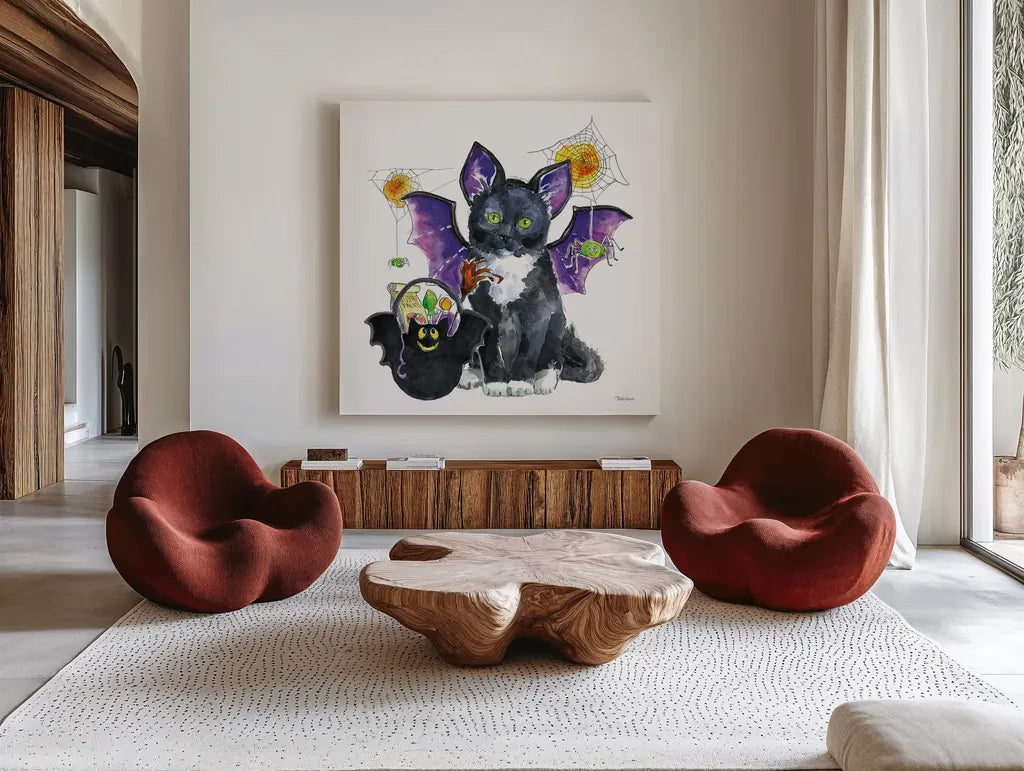 Halloween Pets VI by Beth Grove. Shown as extra-large giant wall art in a modern living room. Available as an archival giclee rolled canvas, fine art paper, or poster print. SKU 43758a.