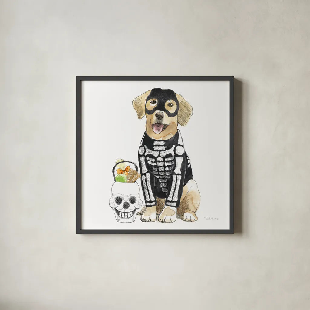 Halloween Pets VII Square by Beth Grove. Shown in a sleek black glass frame for a contemporary gallery look. Available as an archival giclee rolled canvas, fine art paper, or poster print. SKU 57878a.