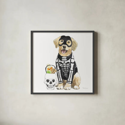 Halloween Pets VII Square by Beth Grove. Shown in a sleek black glass frame for a contemporary gallery look. Available as an archival giclee rolled canvas, fine art paper, or poster print. SKU 57878a.