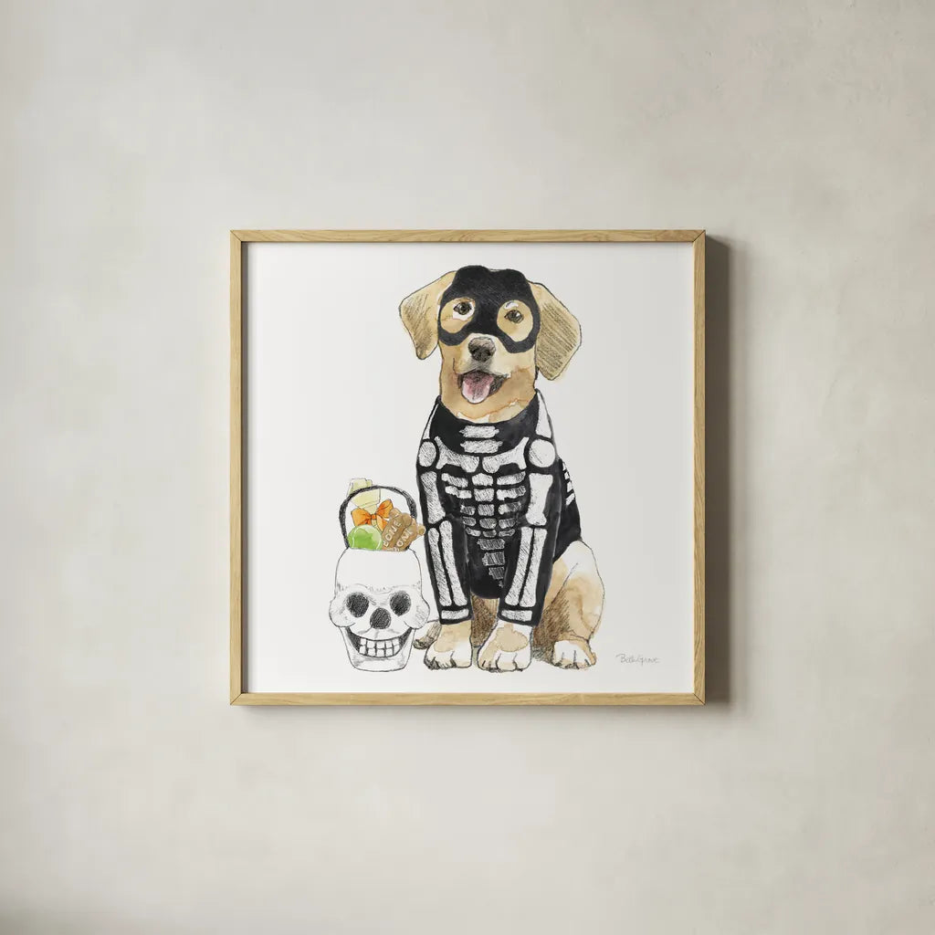 Halloween Pets VII Square by Beth Grove. Shown in a natural wood glass frame for a timeless modern aesthetic. Available as an archival giclee rolled canvas, fine art paper, or poster print. SKU 57878a.