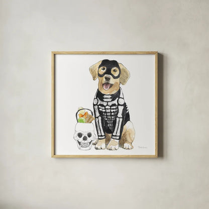 Halloween Pets VII Square by Beth Grove. Shown in a natural wood glass frame for a timeless modern aesthetic. Available as an archival giclee rolled canvas, fine art paper, or poster print. SKU 57878a.