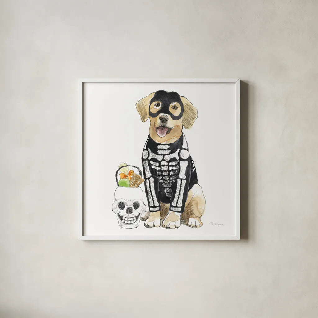 Halloween Pets VII Square by Beth Grove. Shown in a crisp white glass frame for a clean and minimalist style. Available as an archival giclee rolled canvas, fine art paper, or poster print. SKU 57878a.