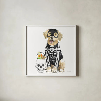 Halloween Pets VII Square by Beth Grove. Shown in a crisp white glass frame for a clean and minimalist style. Available as an archival giclee rolled canvas, fine art paper, or poster print. SKU 57878a.