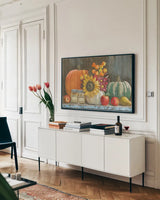 Harvest Bench by Beth Grove. shown as a framed stretched canvas in a living room above a console. Available as a archival giclee rolled canvas, fine art paper, or poster print. SKU 19999i.