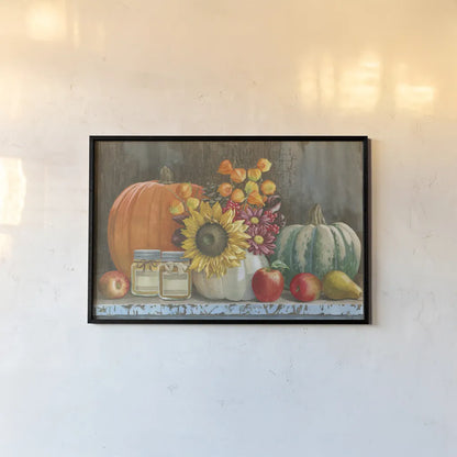 Harvest Bench by Beth Grove. shown as a paper print in a black flame. Available as a archival giclee rolled canvas, fine art paper, or poster print. SKU 19999i.