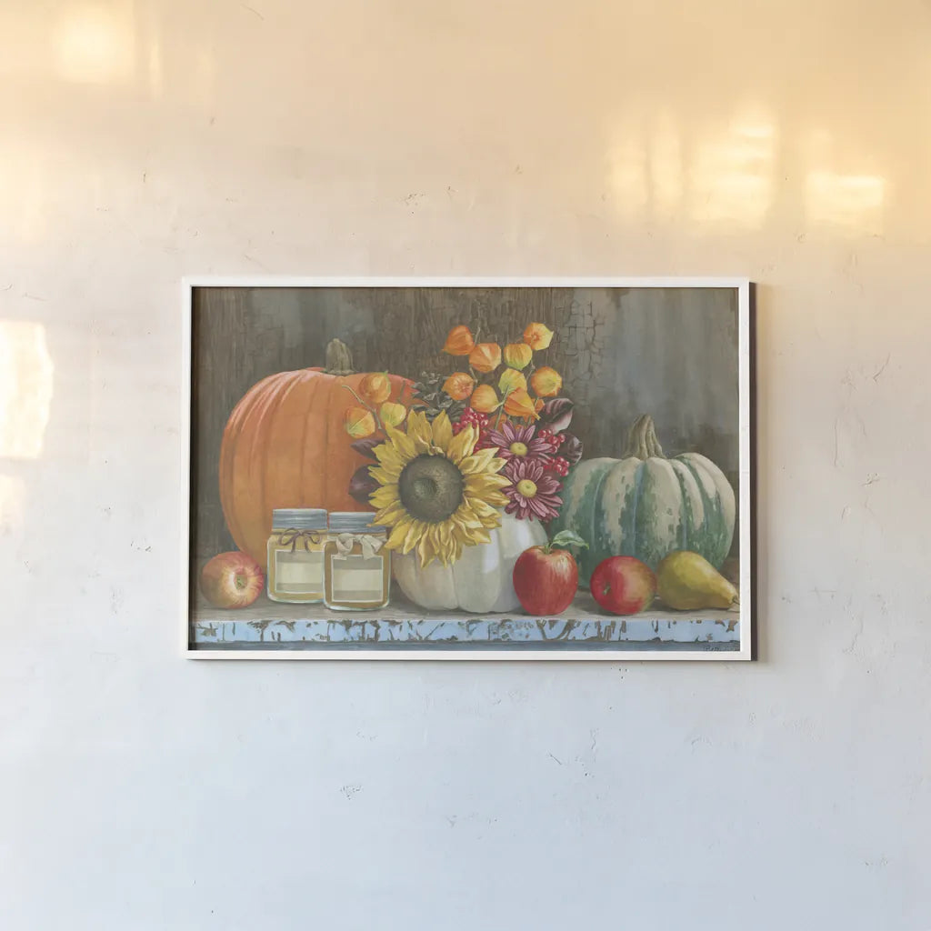 Harvest Bench by Beth Grove. shown as a paper print in a white frame. Available as a archival giclee rolled canvas, fine art paper, or poster print. SKU 19999i.