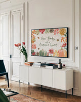 Harvest Bouquet I by Beth Grove. shown as a framed stretched canvas in a living room above a console. Available as a archival giclee rolled canvas, fine art paper, or poster print. SKU 53775i.