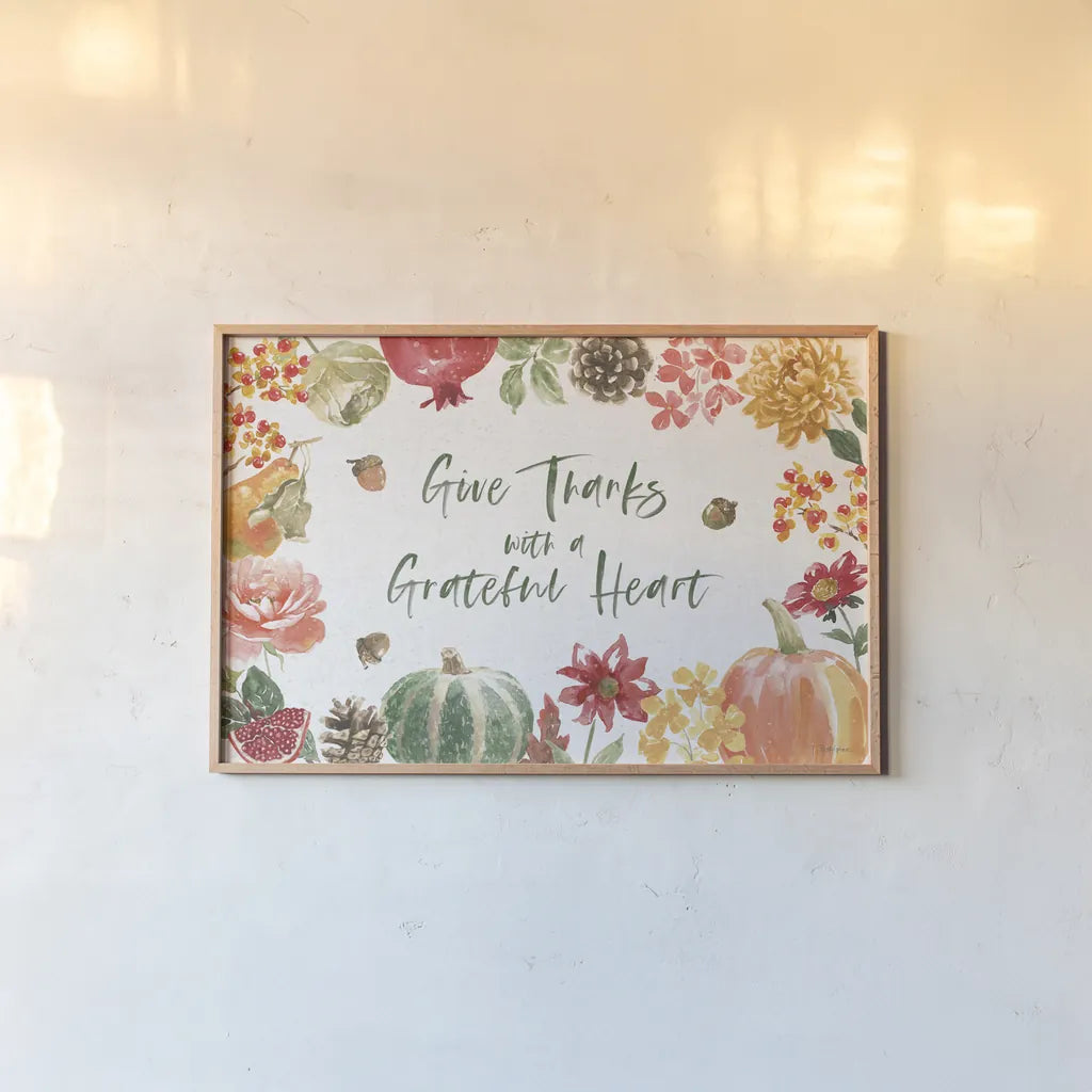 Harvest Bouquet I by Beth Grove. shown as a paper print in a natural frame. Available as a archival giclee rolled canvas, fine art paper, or poster print. SKU 53775i.