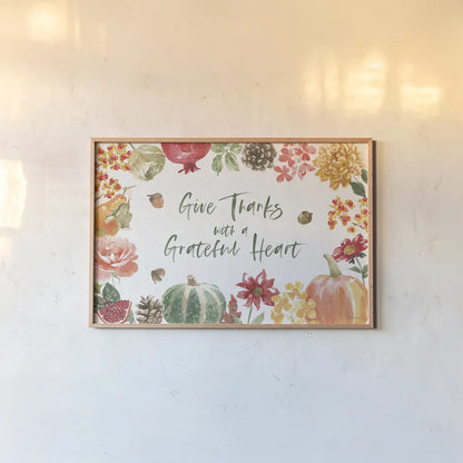 Harvest Bouquet I by Beth Grove. shown as a paper print in a natural frame. Available as a archival giclee rolled canvas, fine art paper, or poster print. SKU 53775i.