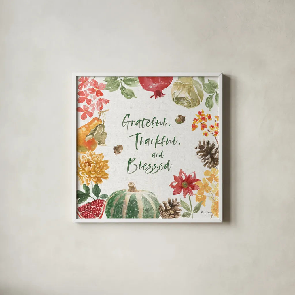 Harvest Bouquet II by Beth Grove. Shown in a crisp white glass frame for a clean and minimalist style. Available as an archival giclee rolled canvas, fine art paper, or poster print. SKU 53776a.